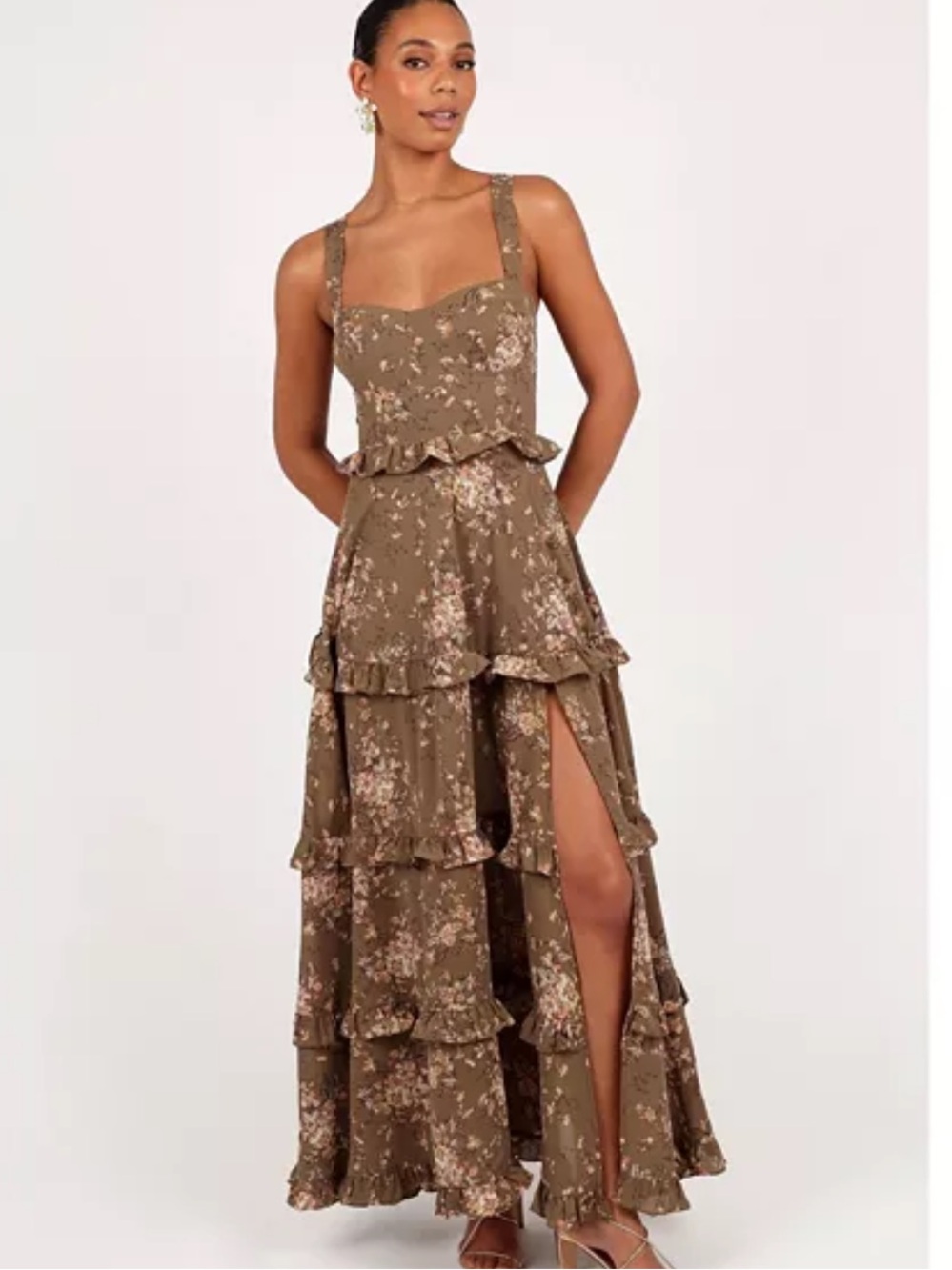 Petal & Pup Olive Green Floral Ruffle Maxi Dress